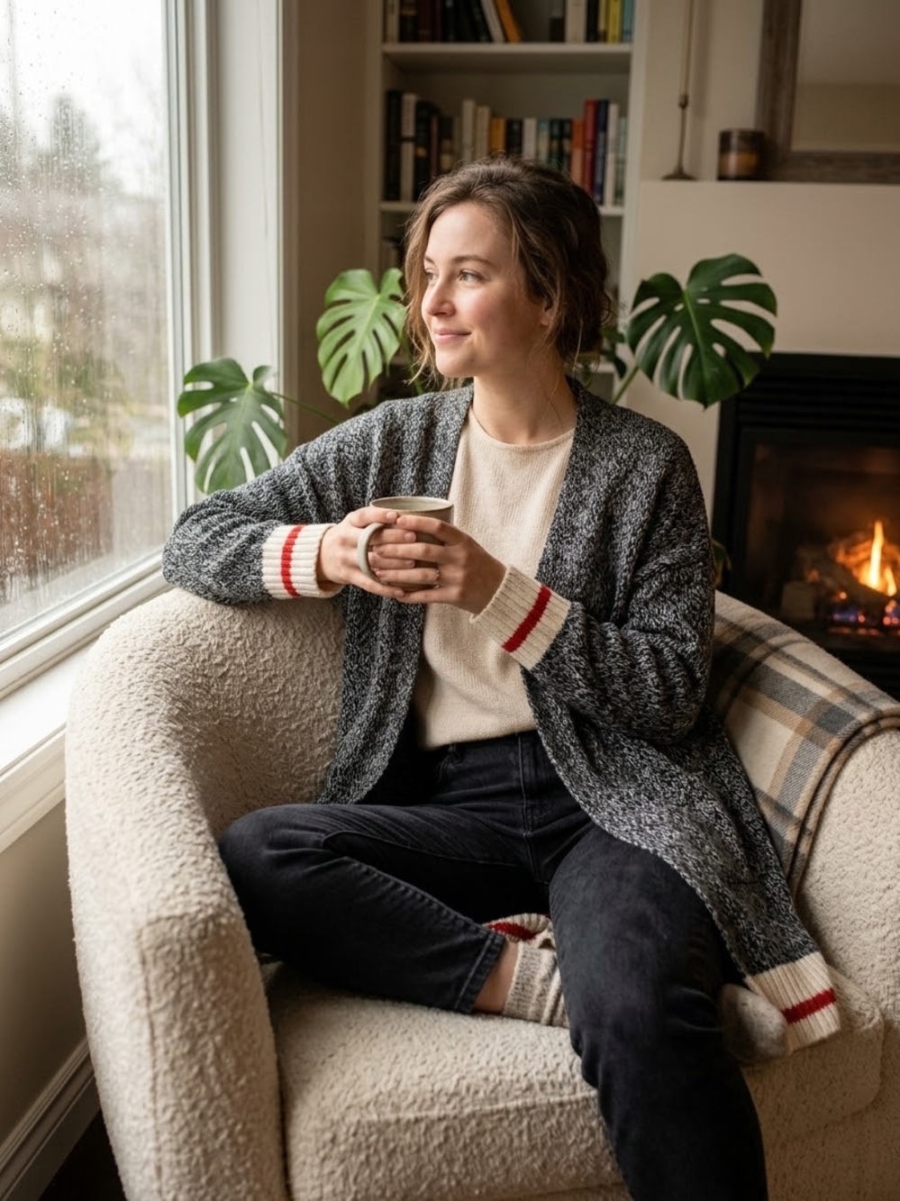 Head North Cozy Cottage Core Mid Length Open-Front Charcoal Cabin Sweater BNWT